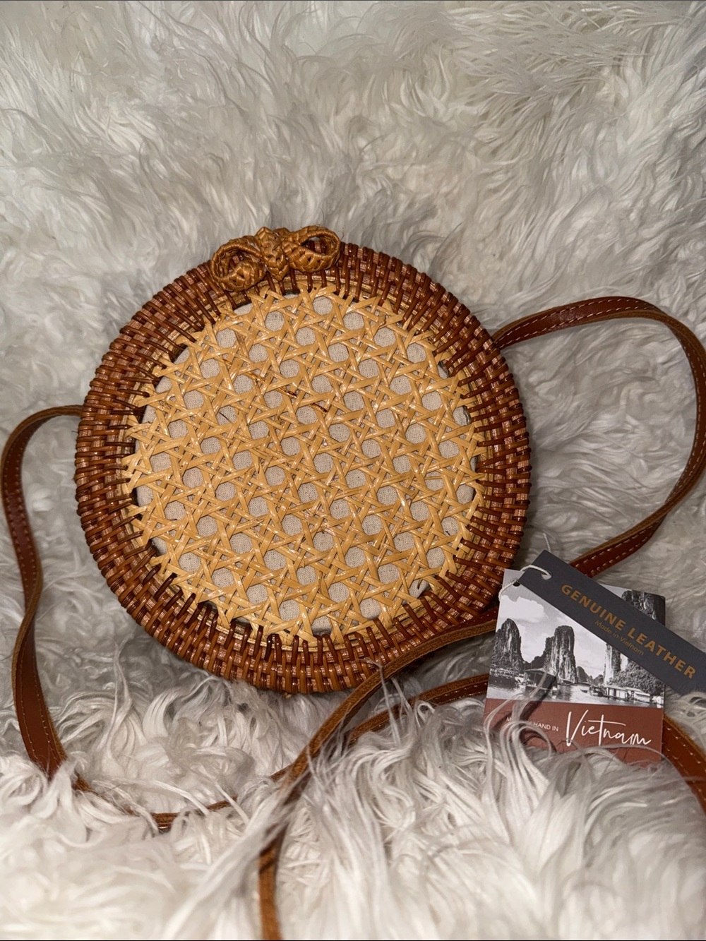 Genuine Leather Brown Woven Round Crossbody Bag